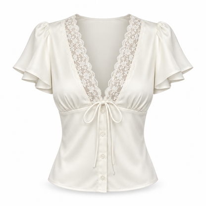 Top Satinado de Encaje con Escote en V