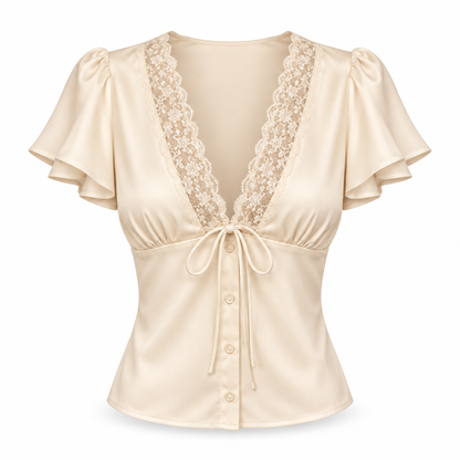 Top Satinado de Encaje con Escote en V
