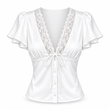Top Satinado de Encaje con Escote en V