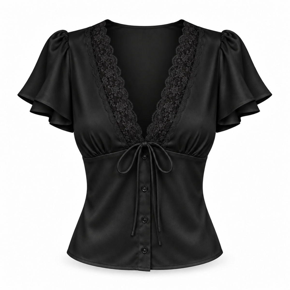 Top Satinado de Encaje con Escote en V
