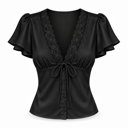 Top Satinado de Encaje con Escote en V