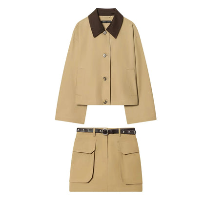 Conjunto Khaki de Blazer con Cinturón y Falda